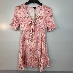 Coco + Carmen Pink Ikat Print Tie Front Ruffle Mini Dress NWT Size S/M